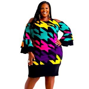 Colorful houndstooth cold shoulder dress